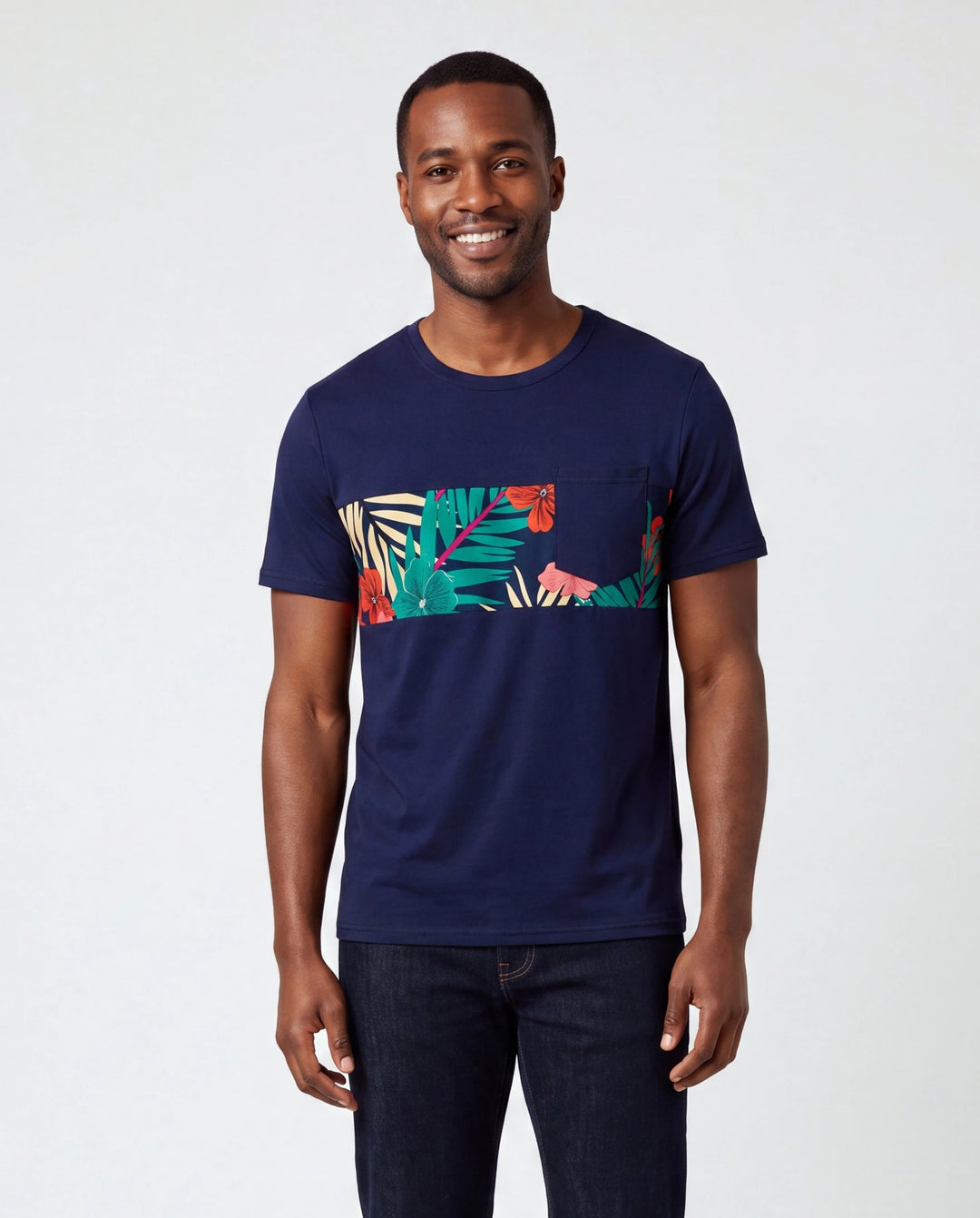 Ensembles assortis famille papa et moi t-shirt noir à panneau floral et robe à bretelles en V avec boutons-pression cachés Bleu foncé