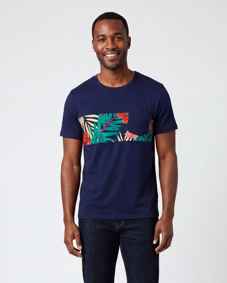 Ensembles assortis famille papa et moi t-shirt noir à panneau floral et robe à bretelles en V avec boutons-pression cachés Bleu foncé