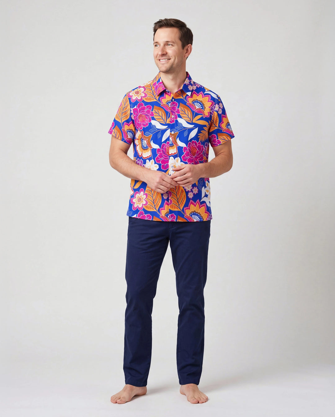 Tenues hawaïennes Papa & Fille Vêtements de vacances à imprimé floral tropical Robe à bretelles avec ceinture ou chemises à manches courtes Ensemble plage d'été Marine