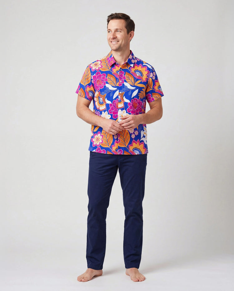 Tenues hawaïennes Papa & Fille Vêtements de vacances à imprimé floral tropical Robe à bretelles avec ceinture ou chemises à manches courtes Ensemble plage d'été Marine