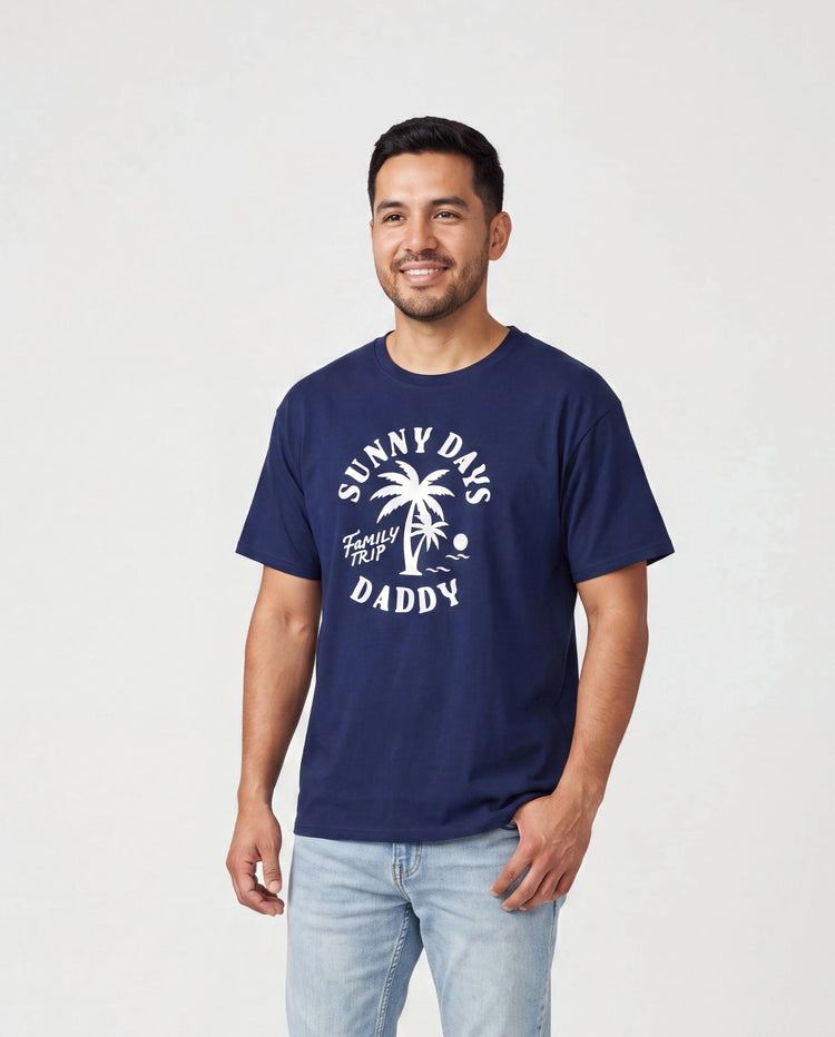 Conjunto de Camiseta y Vestido de Algodón Daddy & Son – Estampado de Palmeras Días Soleados para Papá, Mamá, Bebé y Niño Pequeño, Perfecto para Vacaciones de Verano y Salidas Familiares Azul Tibetano