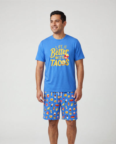Pijamas de Bambú para Papá e Hijo Pijamas de bambú muy suaves para hombres, mujeres, niños y niños pequeños, Pijama de manga corta con estampado de hamburguesa y papas fritas (ajustado para niños) Azul Real