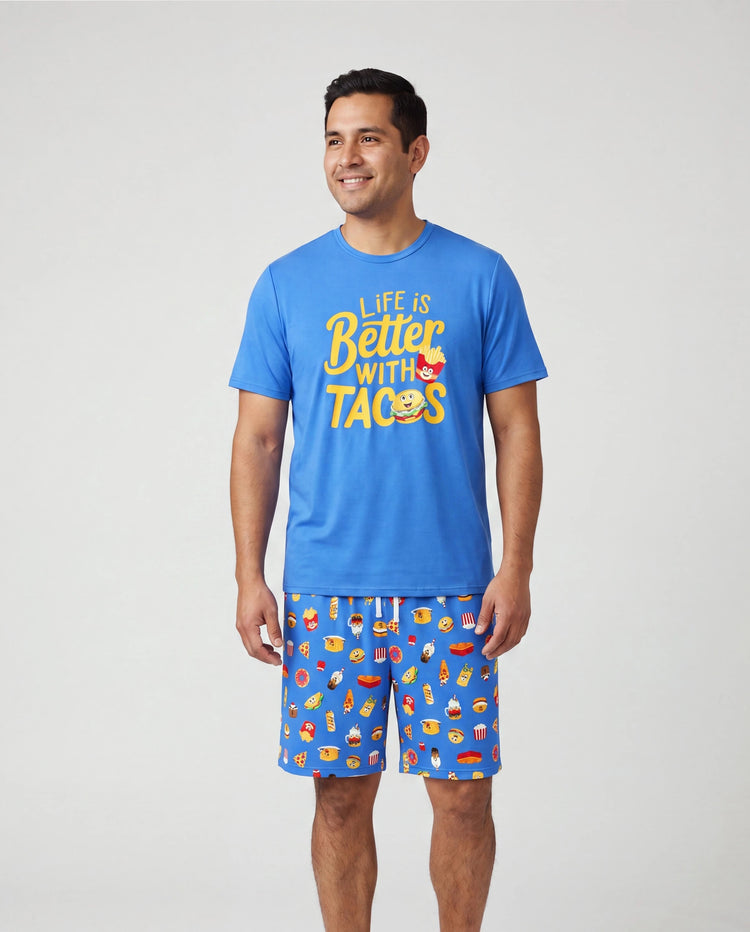 Daddy & Son Bamboo Pajamas Buttery Soft Bamboo PJs for Men Women Kids Toddler, Cute Burger & Fries Print Short Sleeve Sleepwear (Snug-Fitting for Children) Royal Blue