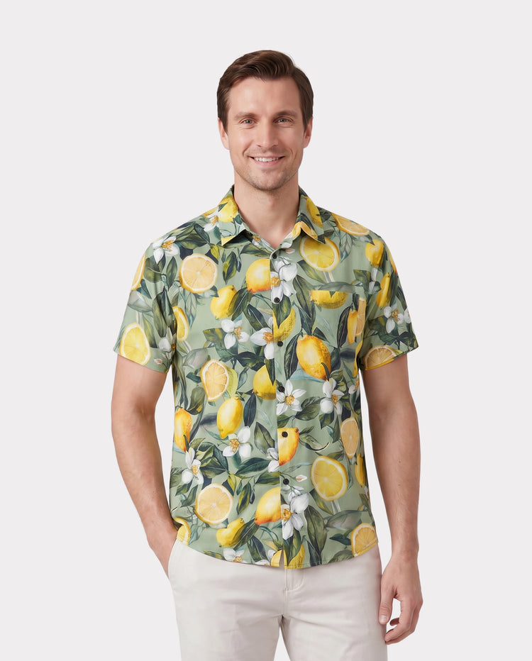 Daddy & Daughter Outfits – Lemon Print Hawaiian Shirts & Summer Dresses – Tropical Vacation Clothes for Men, Women & Kids Green
