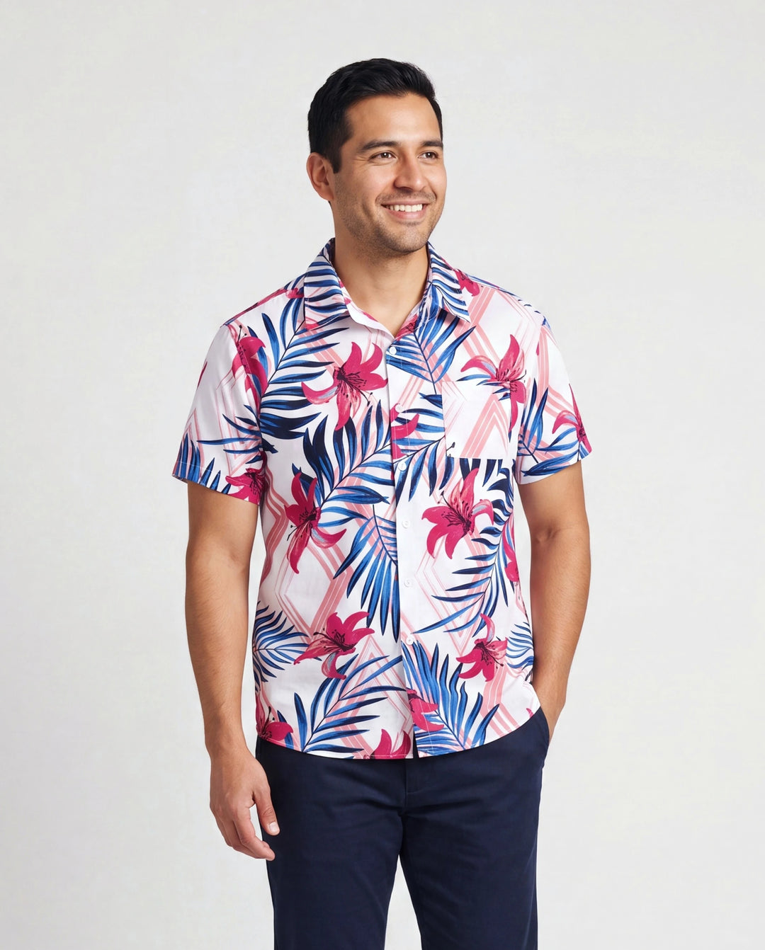 Conjuntos Tropicales de Papá e Hija Camisa de Manga Corta con Estampado de Hojas Rosas y Azules o Top Fruncido de Un Hombro y Falda a Juego para Vacaciones, Crucero, Playa Blanco