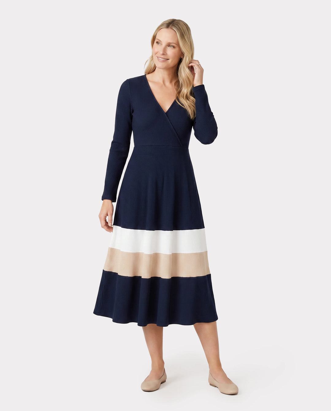 Family Matching Color-Block Knit Long-Sleeved Dresses And Tops Sets Multi-color