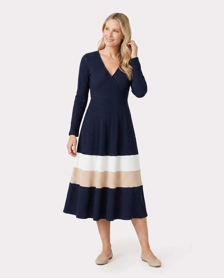 Family Matching Color-Block Knit Long-Sleeved Dresses And Tops Sets Multi-color