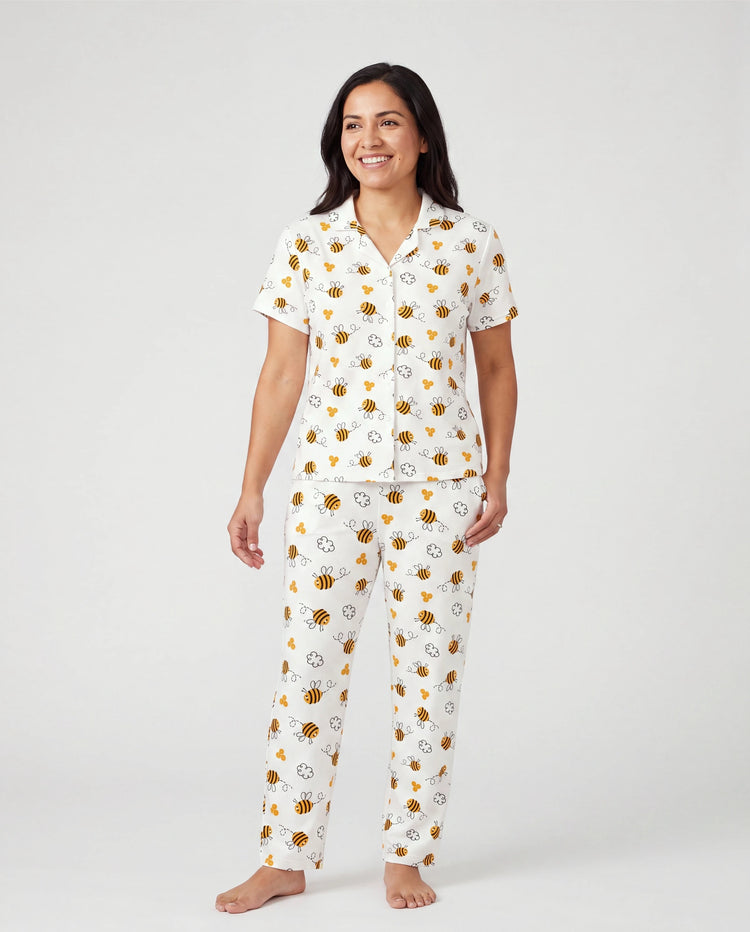 Mommy & me Bamboo Pajamas Soft Bamboo Viscose PJs for Men Women Kids Toddler, Cute Bee Print Sleepwear with Short Sleeve Top and Long Pants White
