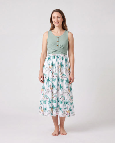 Conjuntos a Juego para Familia Estampado Tropical Vestido Tank para Mamá y Yo y Camiseta de Algodón para Papá/Niños
 Verde