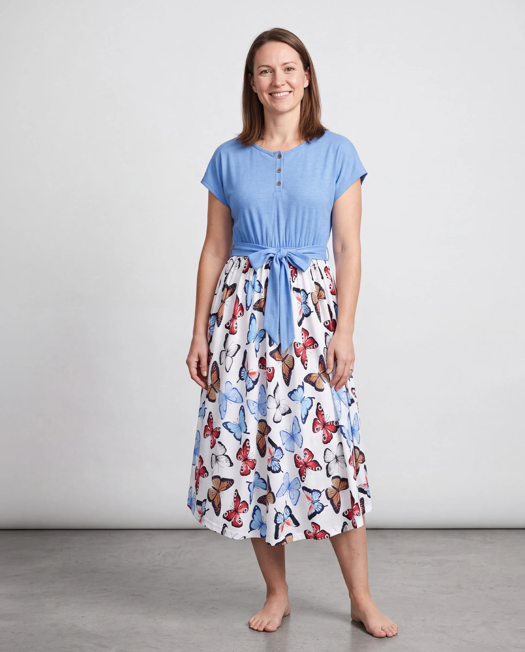 Family Matching Sets Butterfly Soft Casual Tee & Below Knee Dresses with Belted Design Blue Light Blue
