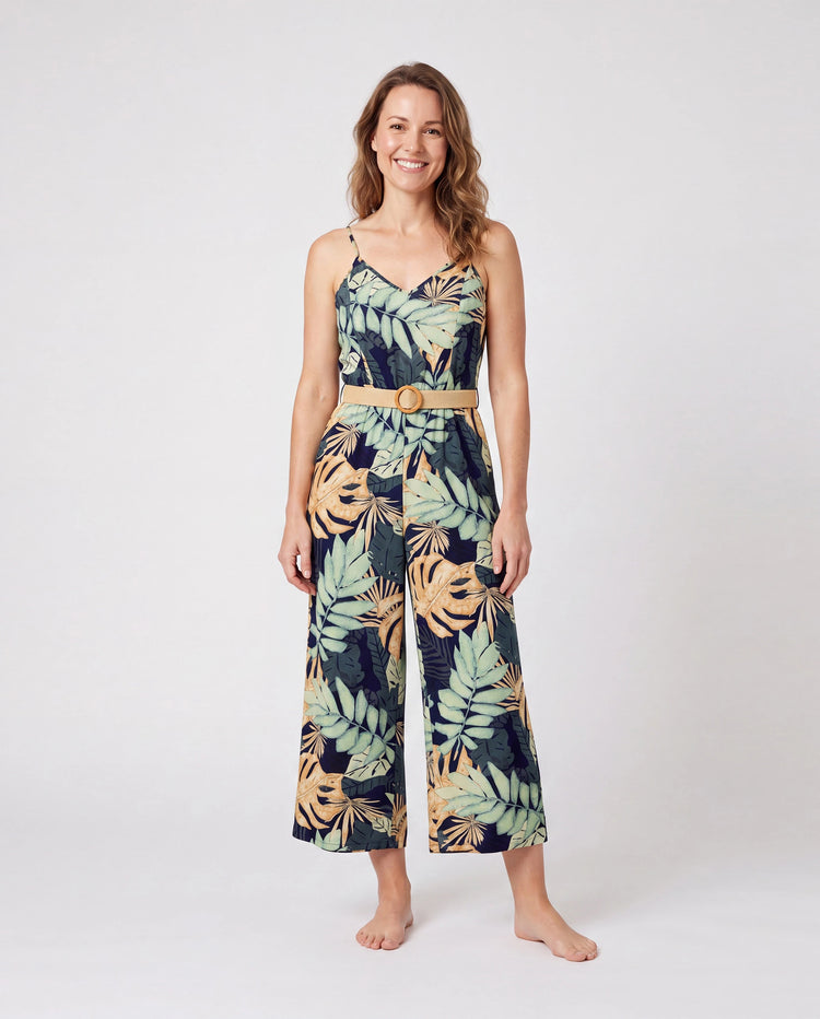 Mommy-and-Me Tropisches Blattmuster Jumpsuit-Set, Spaghetti-Träger Gürtel-Matching-Outfits für Sommer-Strandurlaub Tibetan Blue