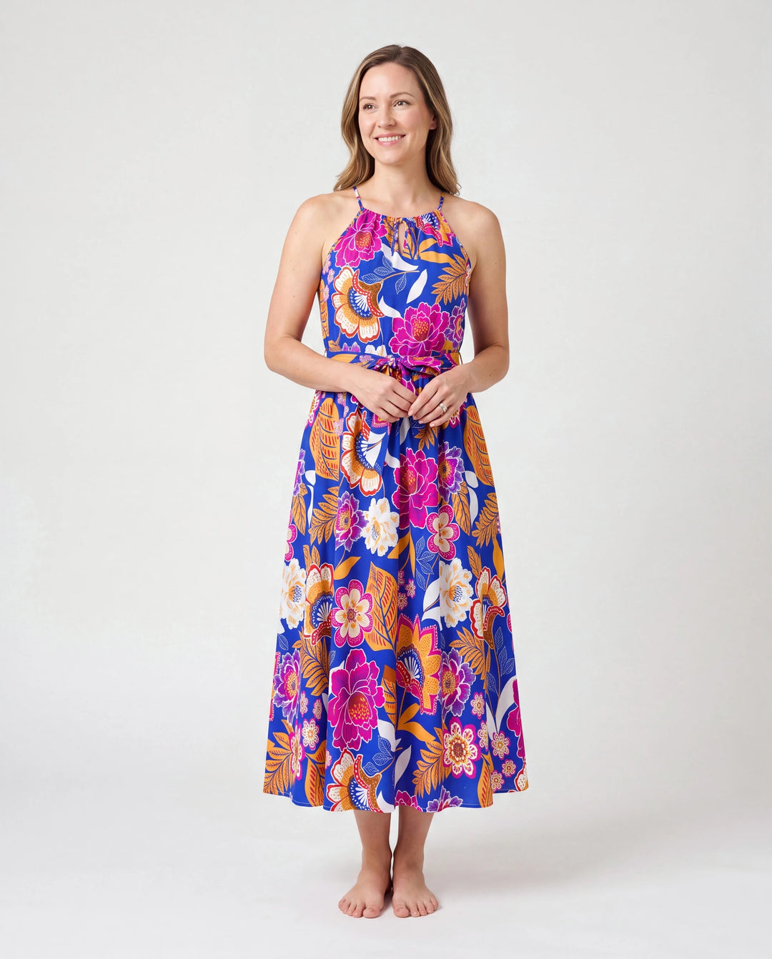 Tenues Hawaïennes Maman & Moi Robe Ceinturée à Bretelles à Imprimé Floral Tropical Marine