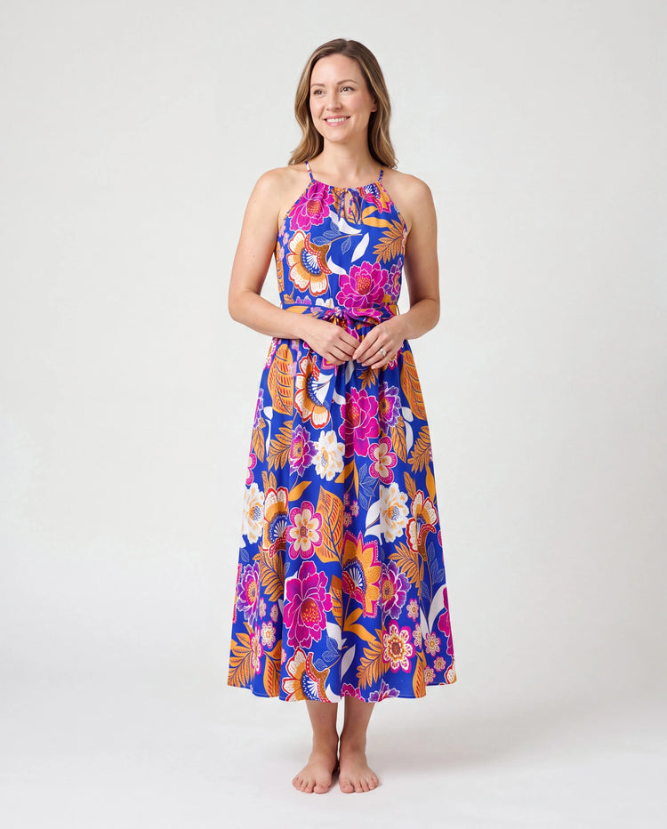 Tenues Hawaïennes Maman & Moi Robe Ceinturée à Bretelles à Imprimé Floral Tropical Marine