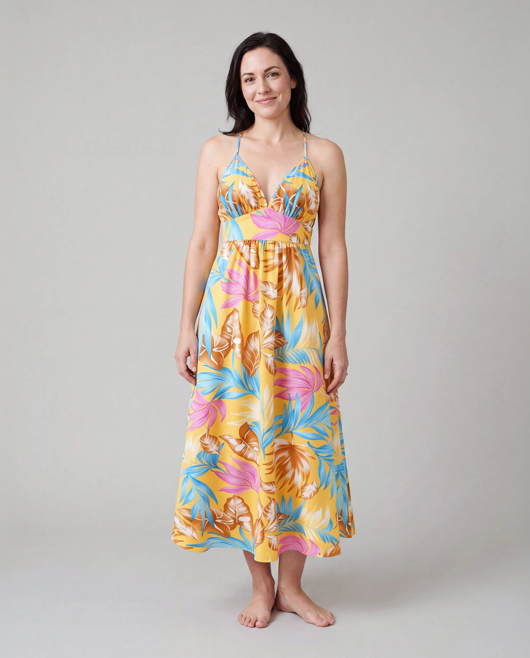 Mommy and Me Family Matching Yellow Set Tropical Leaf Print Short-sleeve Shirt or Strap Dress  Yellow