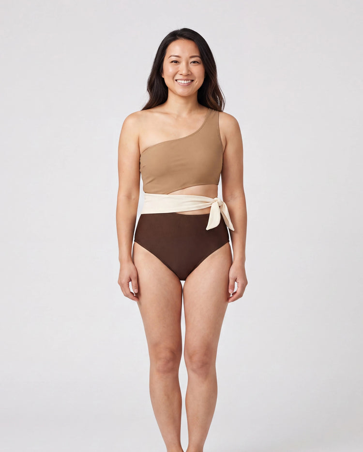 Mommy & me Color Block Swimsuits, Mommy and Me One-Shoulder Cutout Bikini Set Summer Beach Vacation Swimwear Coffee