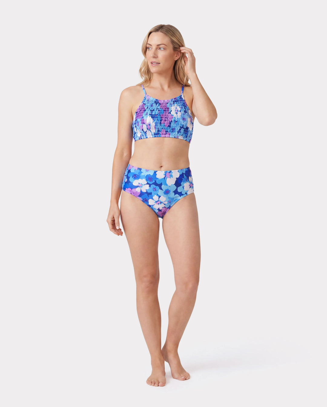 Traje de baño de dos piezas con tirantes fruncidos y estampado floral para toda la familia, color morado