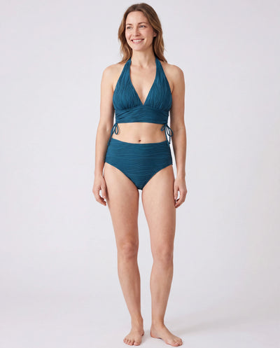 Family Matching Teal Striped Swimsuits Ruched Bikini & Swim Trunks Set Multi-color
