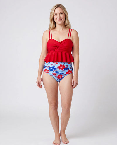 Maillots de bain assortés pour toute la famille Bikini imprimé floral & short de bain pour maman, papa et enfants, parfait pour les journées plage d'été & fêtes à la piscine Rouge