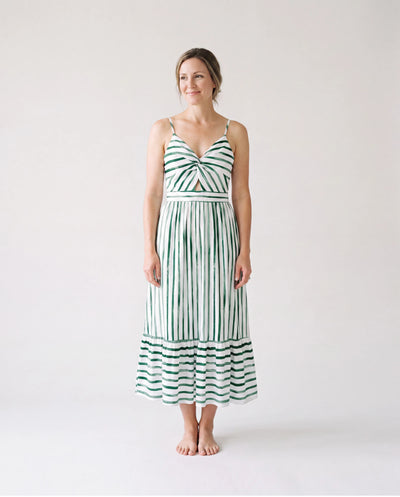 Family Matching Cotton Outfits Set Green Striped T-Shirt and Dress Set for Dad, Mom, Kids & Baby, Perfect for Summer Family Outings & Photos Green