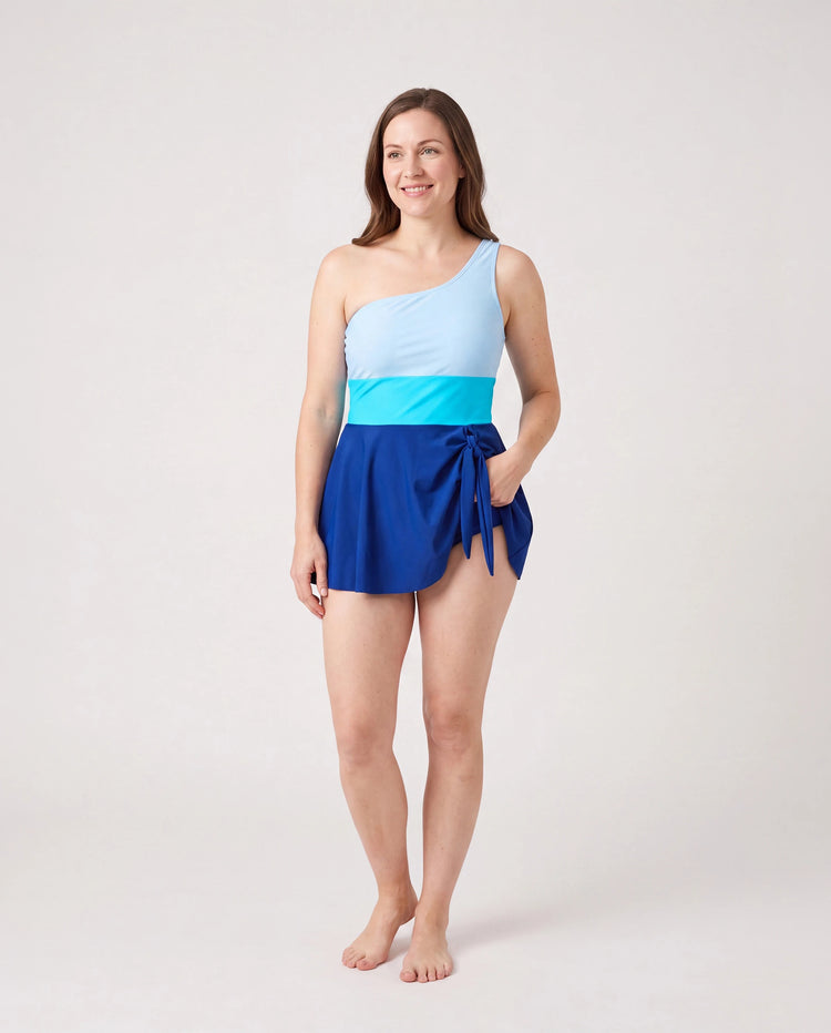Maillots de bain assortis pour toute la famille à blocs de couleur, robe de bain à une épaule / ensemble short de bain Bleu