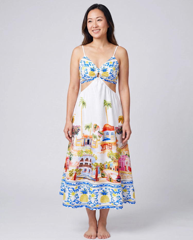 Family Matching Vacation Set Tropical Pineapple Coconut Tree Print Short-sleeve T-shirt or Hollow out Strap Dress for Summer Vacation  White