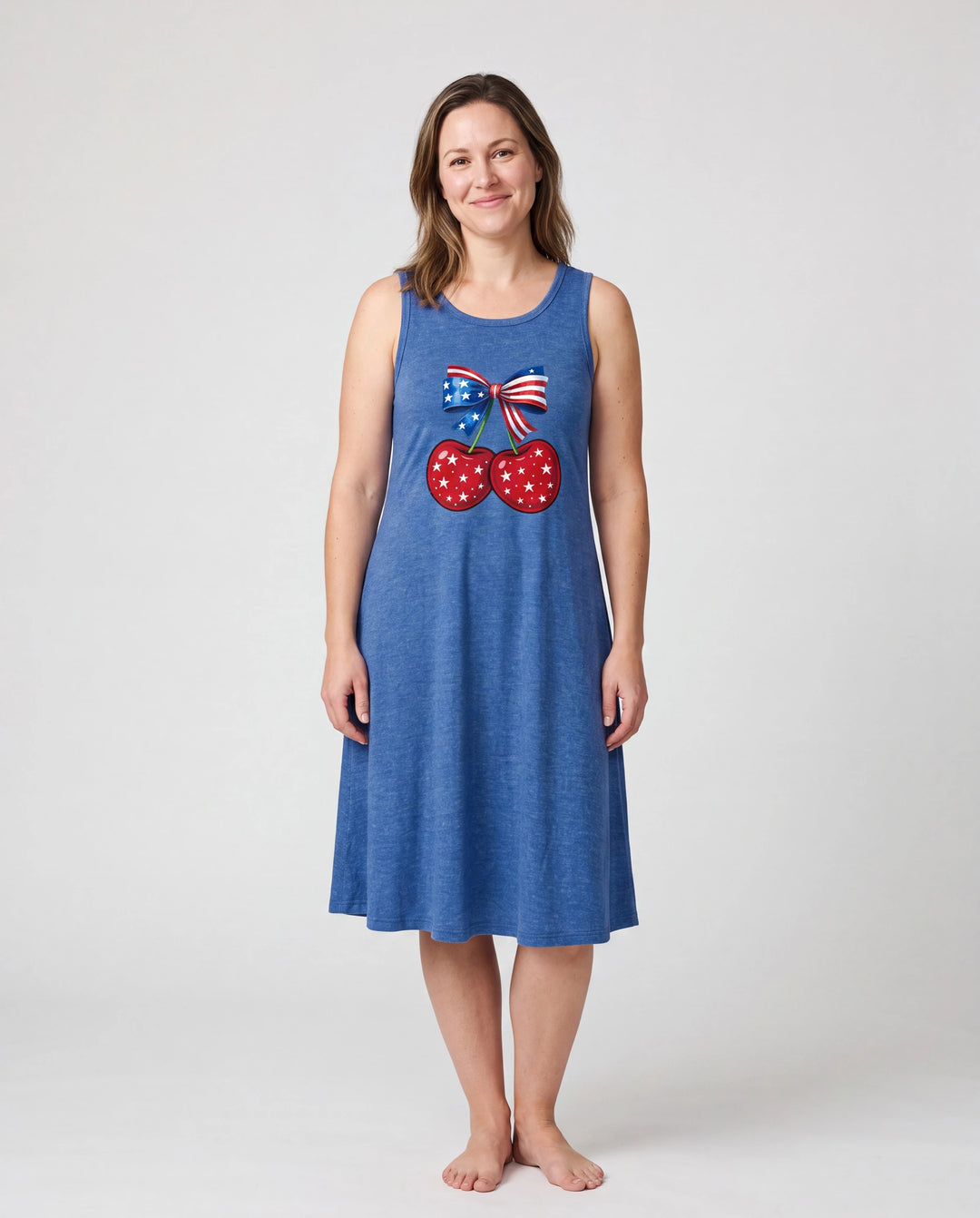 Independence Day Mommy and Me Patriotic Cherry Print Casual Sleeveless Dress Blue