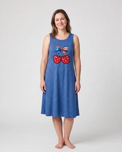 Independence Day Mommy and Me Patriotic Cherry Print Casual Sleeveless Dress Blue