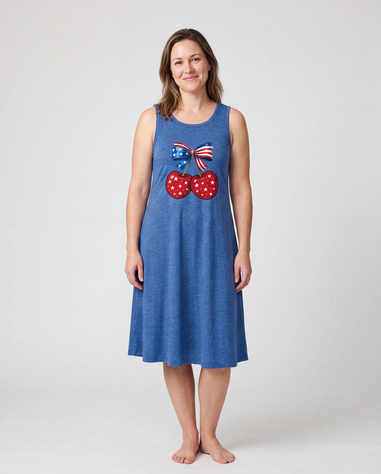 Independence Day Mommy and Me Patriotic Cherry Print Casual Sleeveless Dress Blue