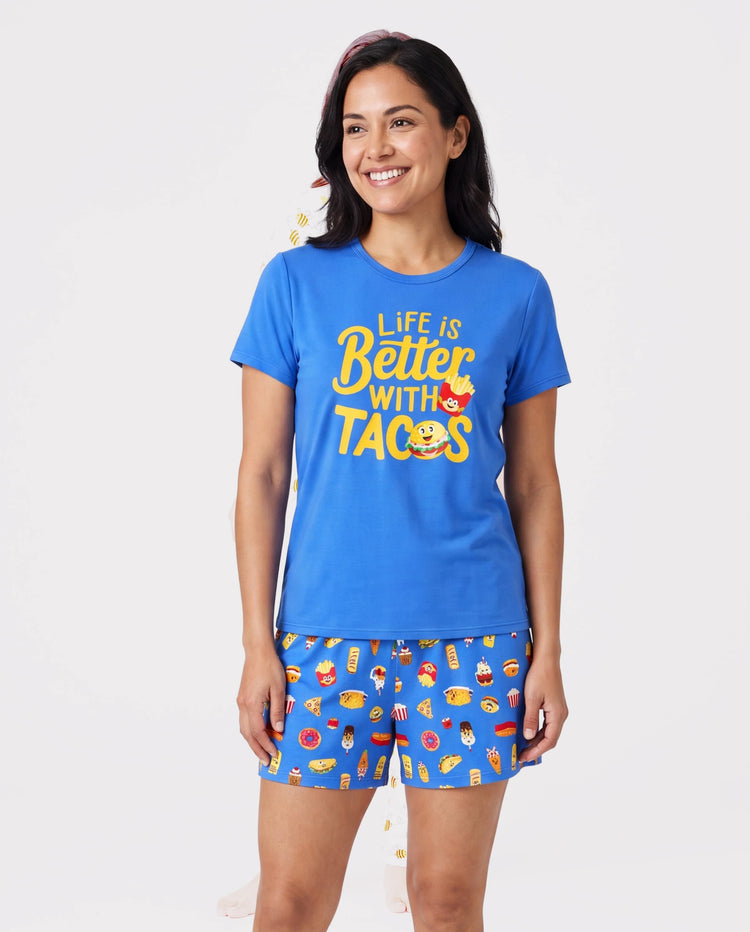 Pijamas de Bambú a Juego para la Familia Pijamas Suaves de Bambú para Hombres, Mujeres, Niños y Bebés, Pijama de Manga Corta con Estampado de Hamburguesa y Papas Fritas (Ajustado para Niños) Azul Real