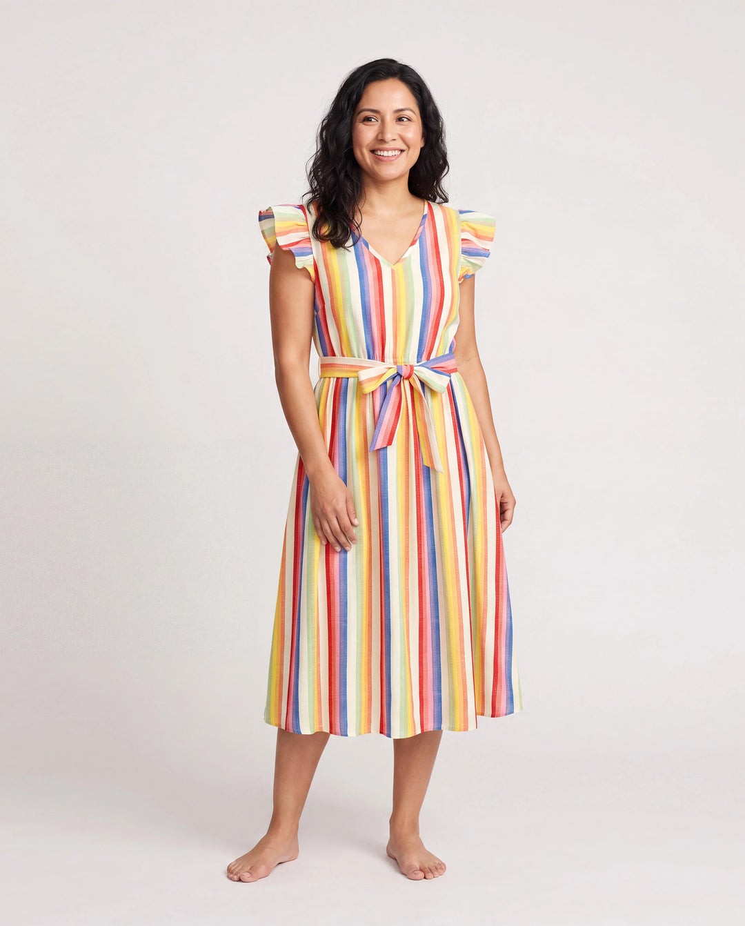 Family Matching Colorful Striped V Neck Flutter-sleeve Dresses and Short-sleeve T-shirts Sets COLOREDSTRIPES