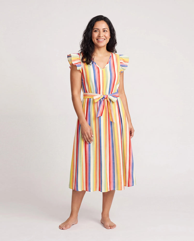 Family Matching Colorful Striped V Neck Flutter-sleeve Dresses and Short-sleeve T-shirts Sets COLOREDSTRIPES