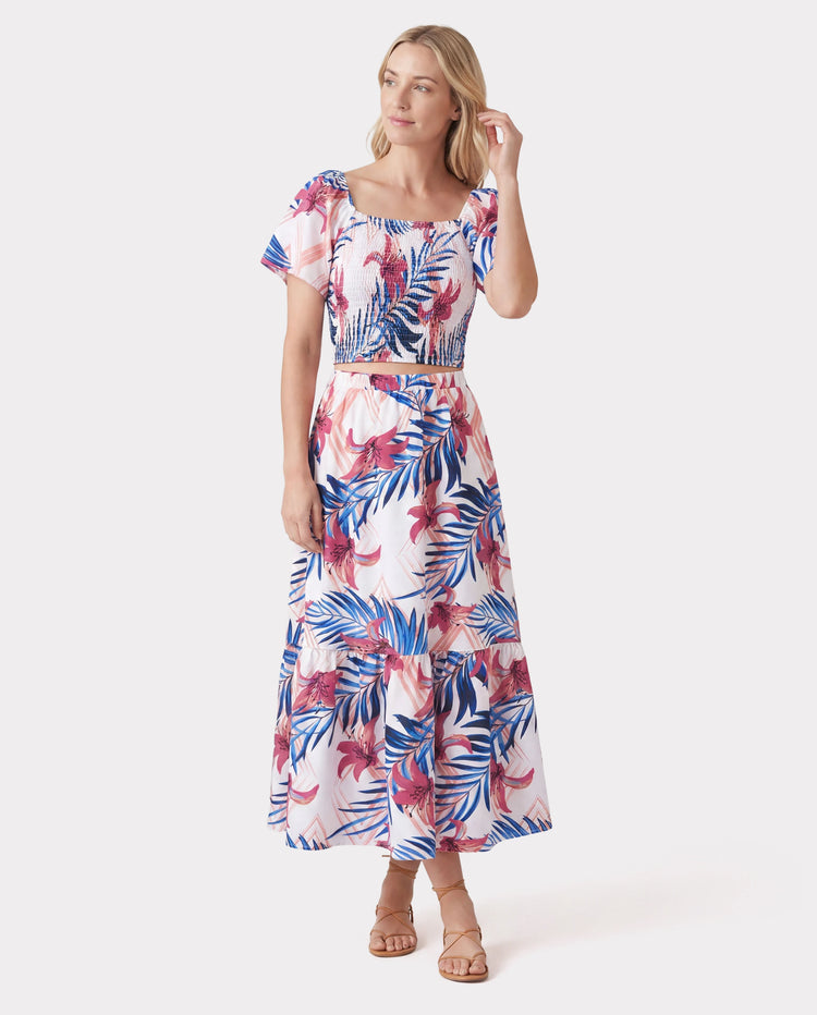Tropische Blumen Familie Passende Outfits Rosa Blau Blattdruck Kurzarmhemd oder eine Schulter gesmoktes Oberteil und Rock Kombinationsset für Urlaub, Kreuzfahrt, Strand weiß