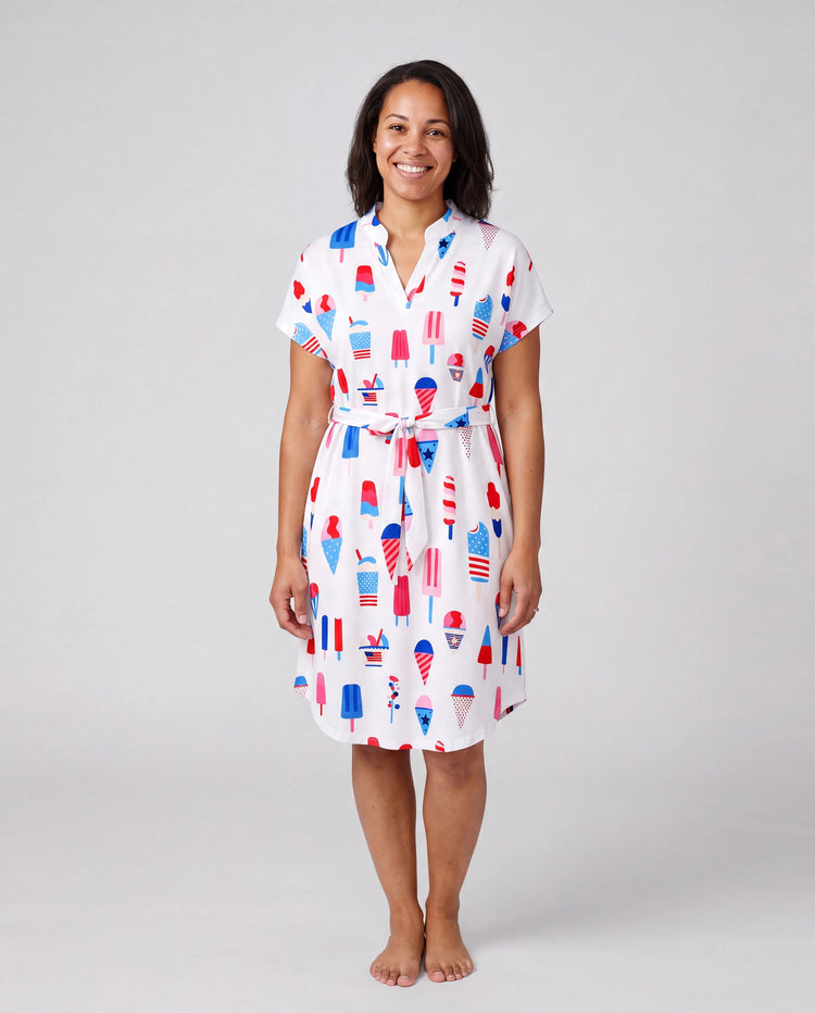 Independence Day Family Matching Patriotic Ice Cream Print Summer Cotton T-shirt & V-Neck Dresses White