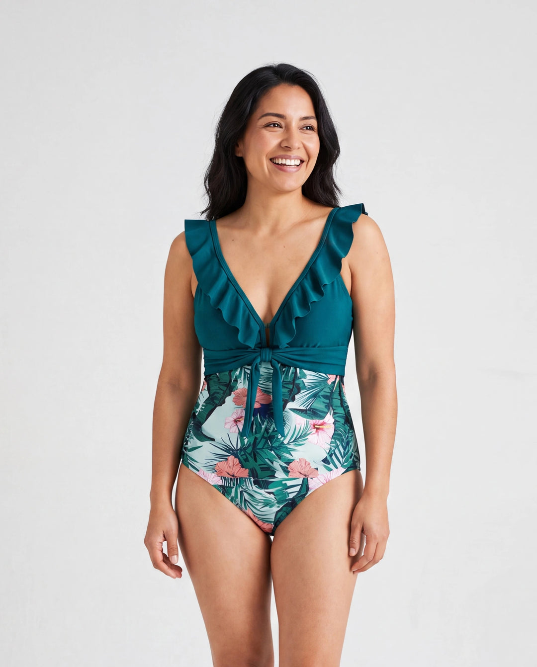 Mommy & me Plant Print Ruffle Trim Spliced One-piece Swimsuit Green