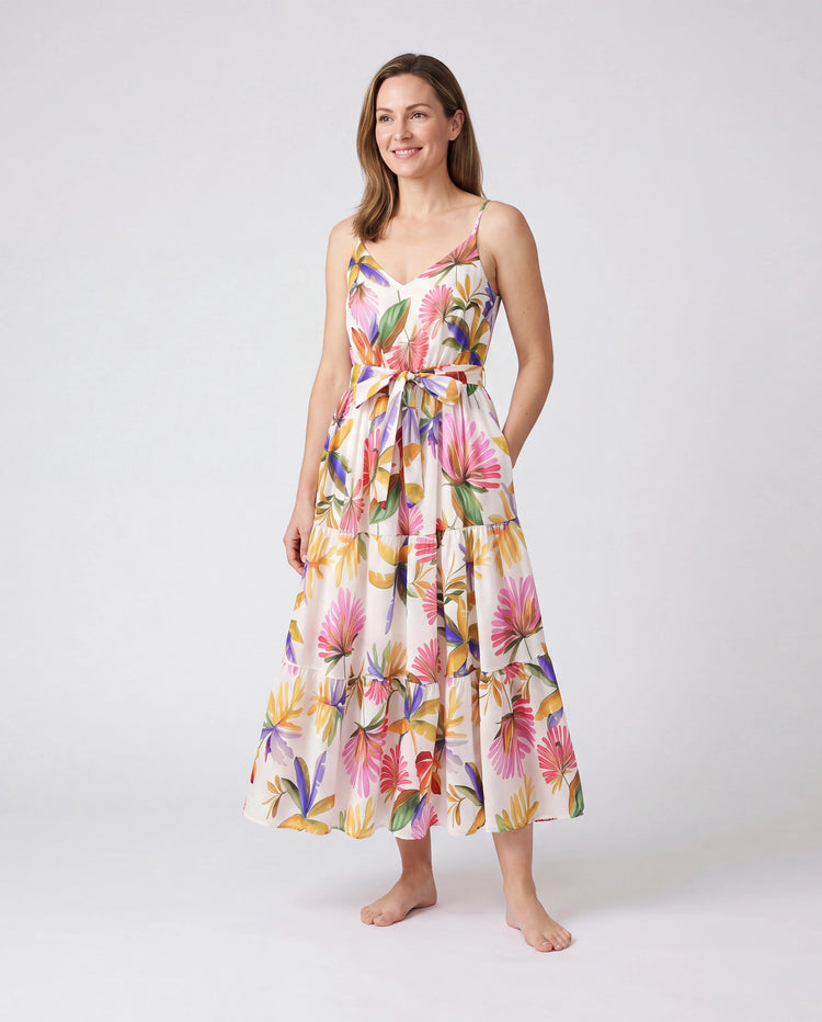 Family Matching Sets Tropical Floral V-Neck Dress & Short Sleeve Tee with Adjustable Straps Deep White Apricot
