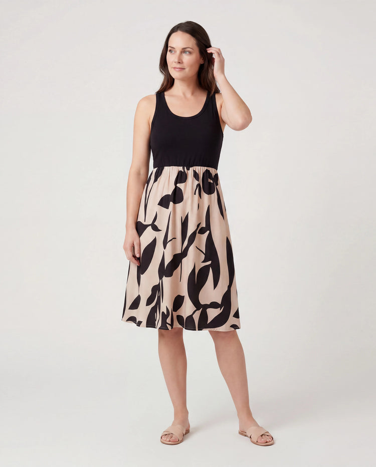 Family Matching Cross Back Floral Strap Dress and Colorblock Top Sets Black