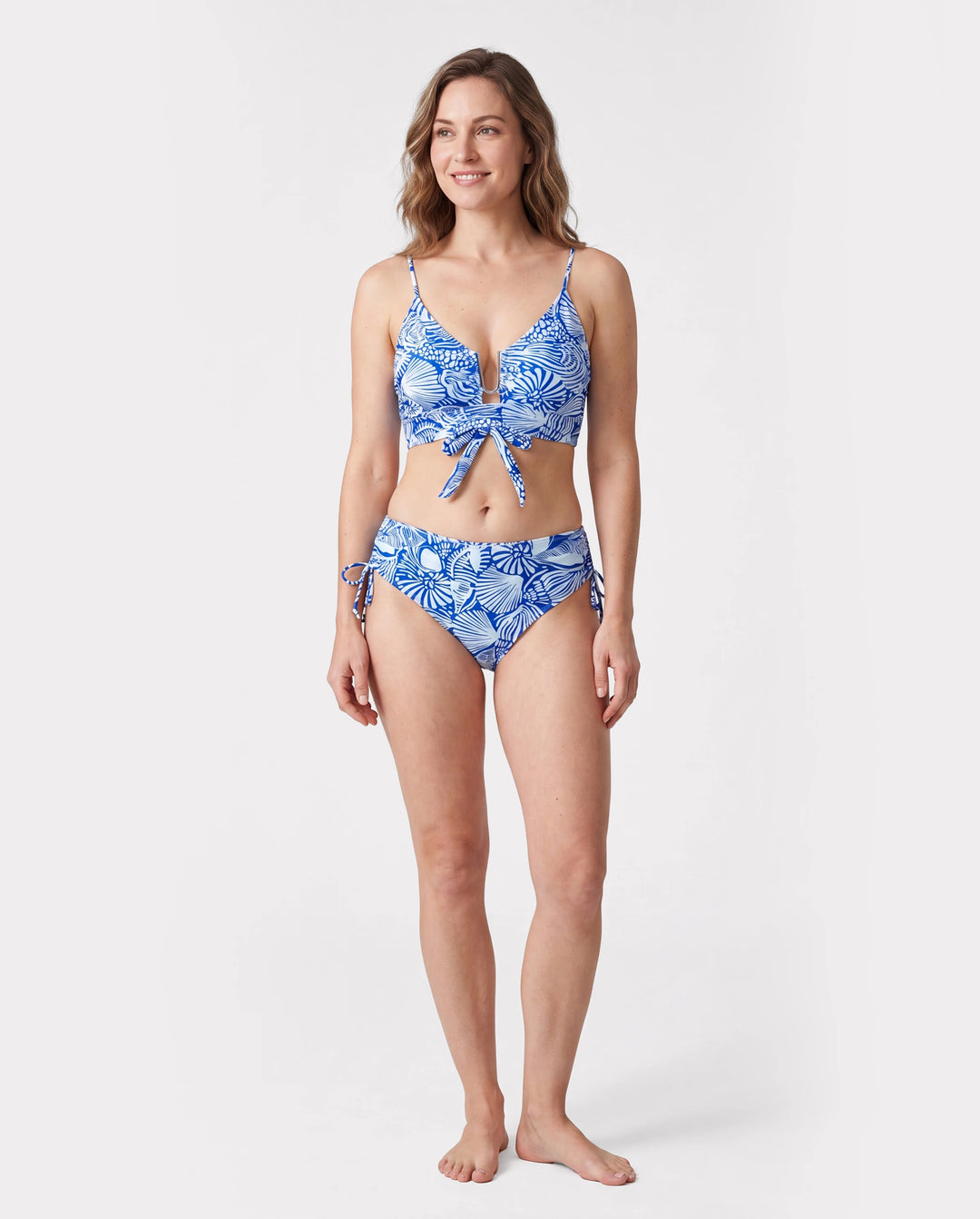 Matching Family Shell Print Swimwear Floral two-piece Bikini & Swim Shorts Set for Mom, Dad, & Kids, Perfect for Beach Days & Pool Parties Blue