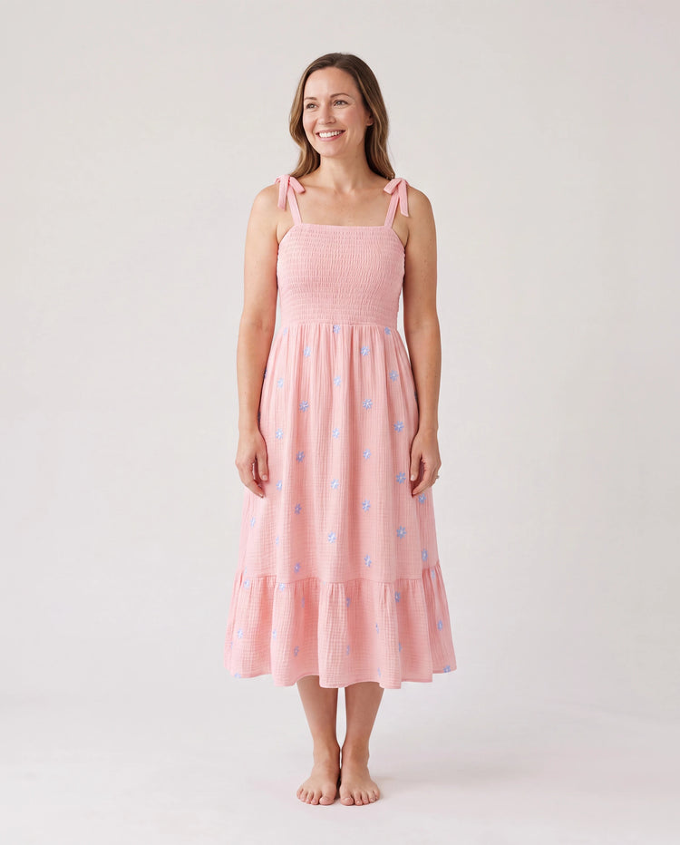 Conjuntos familiares a juego rosa Vestido de algodón fruncido con estampado floral y lazo en la espalda para mamá e hija, camisetas lisas para papá e hijo, perfecto para salidas y fotos familiares en verano Rosa malva