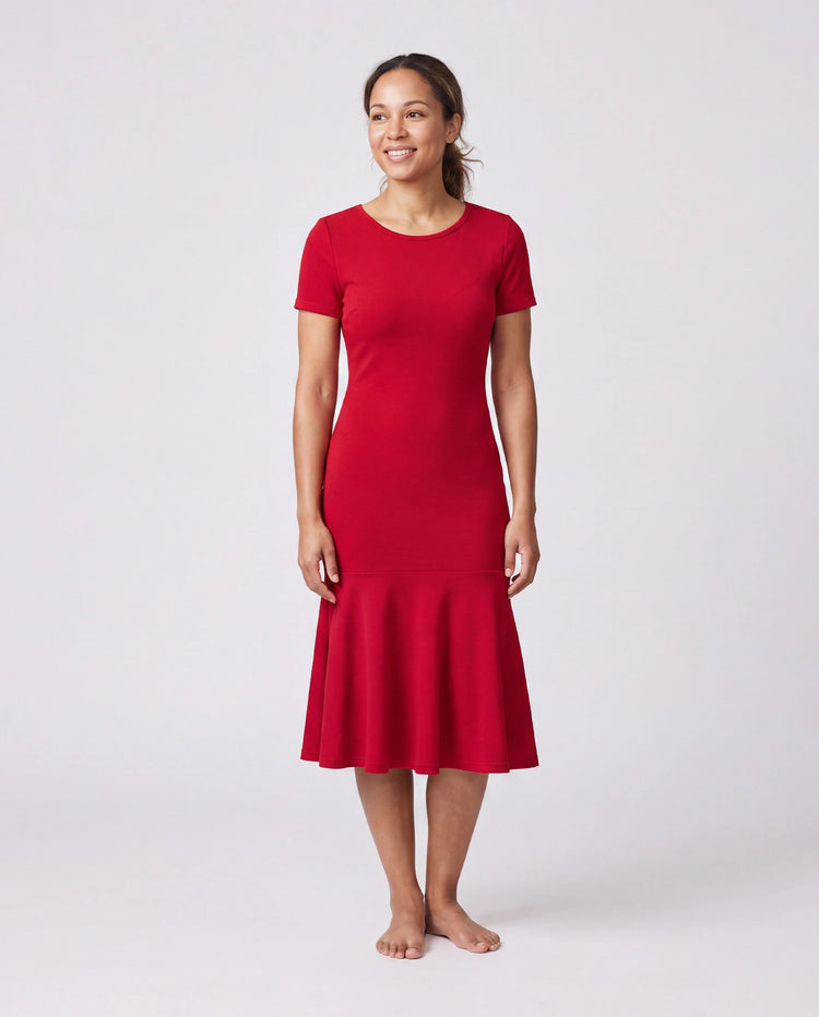 Family Matching Solid Color Short-sleeve Laper-collar Tops and Mermaid/Mesh Dresses Sets Red