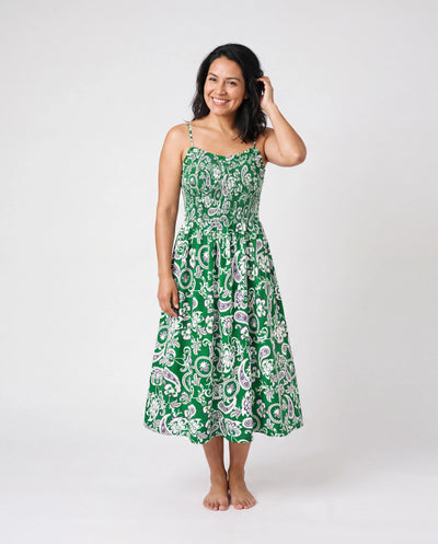 Family Matching Outfits Set Floral Print Short-sleeve Collar Shirt or Strappy Smocked  Dress for Summer Vacation  Green