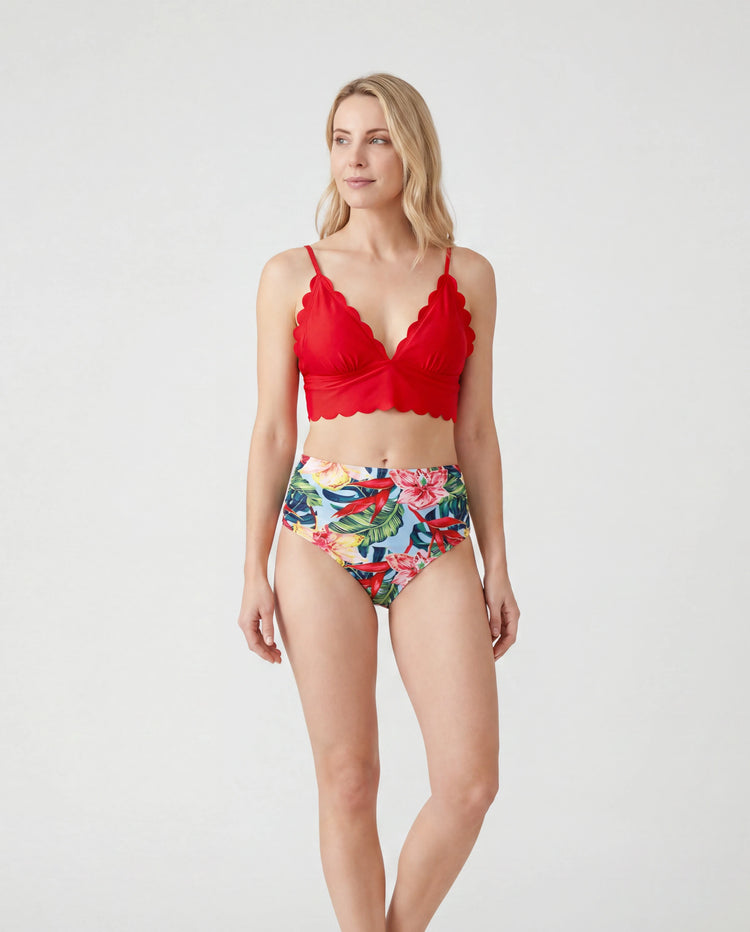 Maillot de bain à cordon de serrage fleuri assorti pour toute la famille ou bikini à bord coquillage froncé avec cache-maillot rouge en option