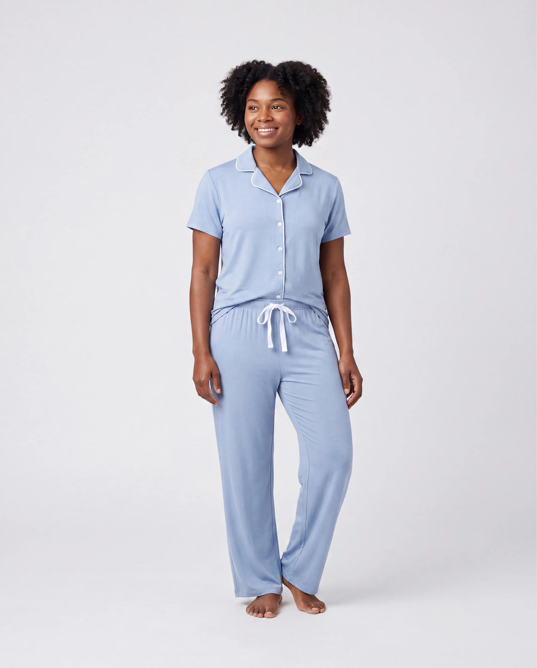 Family Matching Bamboo Pajamas Soft Bamboo Viscose PJs for Men Women Kids Toddler Baby, Classic Blue Short-sleeve Sleepwear with Button-Down Shirt and Pants Blue grey