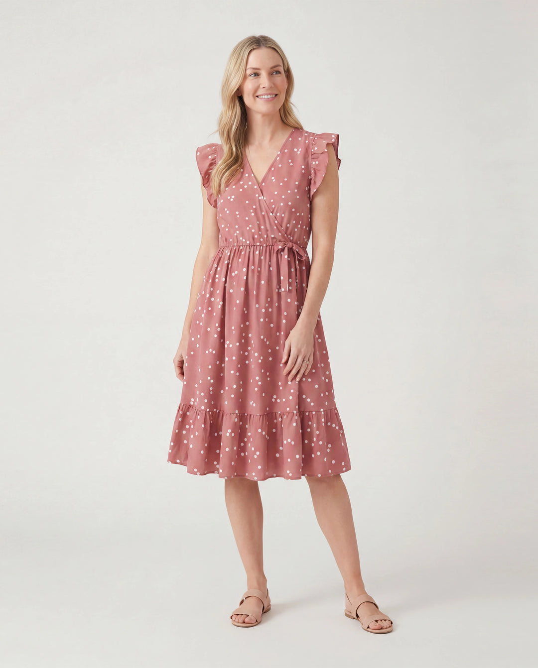 All Over Dots Pink Cross Wrap V Neck Ruffle Flutter-sleeve Dress for Mom and Me PinkyWhite