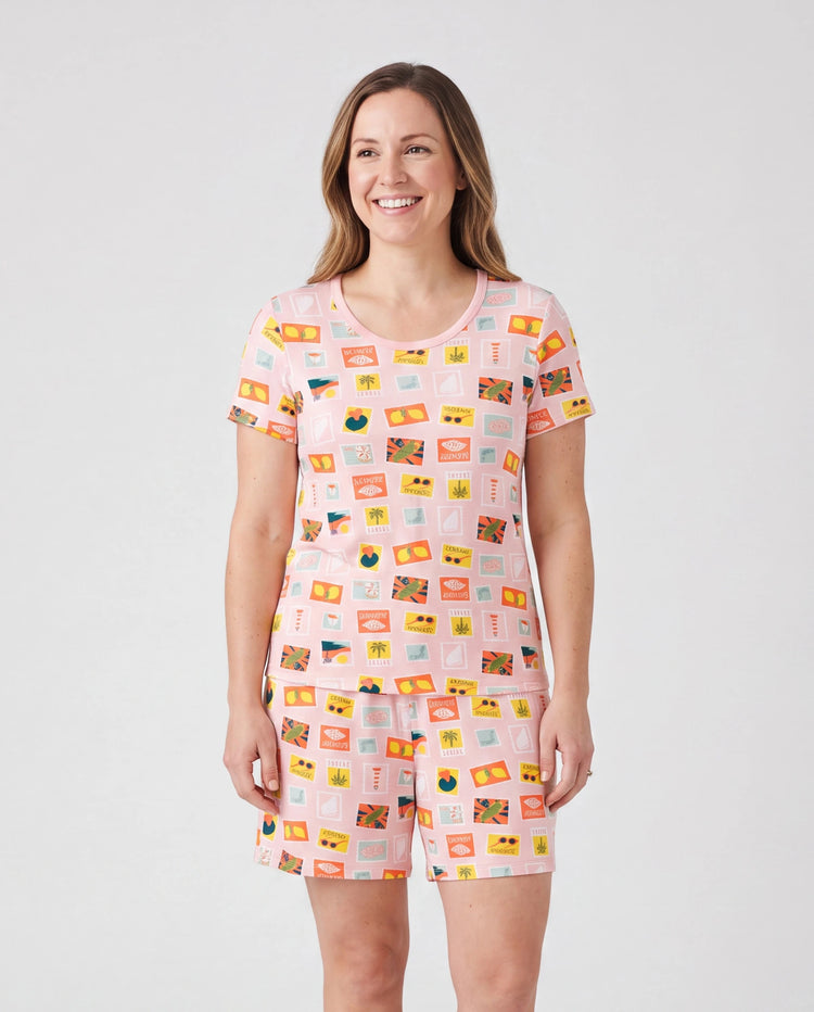 Pijama familiar de bambú con estampado de vacaciones, manga corta, a juego (ajustado para niños), color block