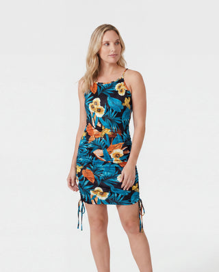Conjuntos familiares de camiseta con paneles florales y vestido con tirantes laterales y cordón fruncido con estampado floral, color negro