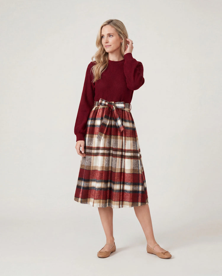 Passende, solide, gerippte, gespleißte, karierte Kleider mit Gürtel und langärmlige Button-up-Hemden-Sets für die Familie kastanienbraun