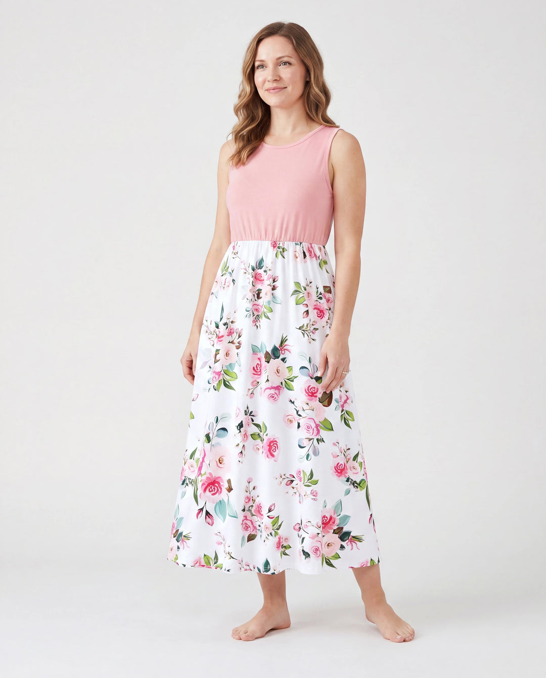 Conjuntos familiares a juego para mamá y yo Vestidos midi sin mangas con estampado floral combinado en rosa y polos de manga corta con bloques de color Rosa