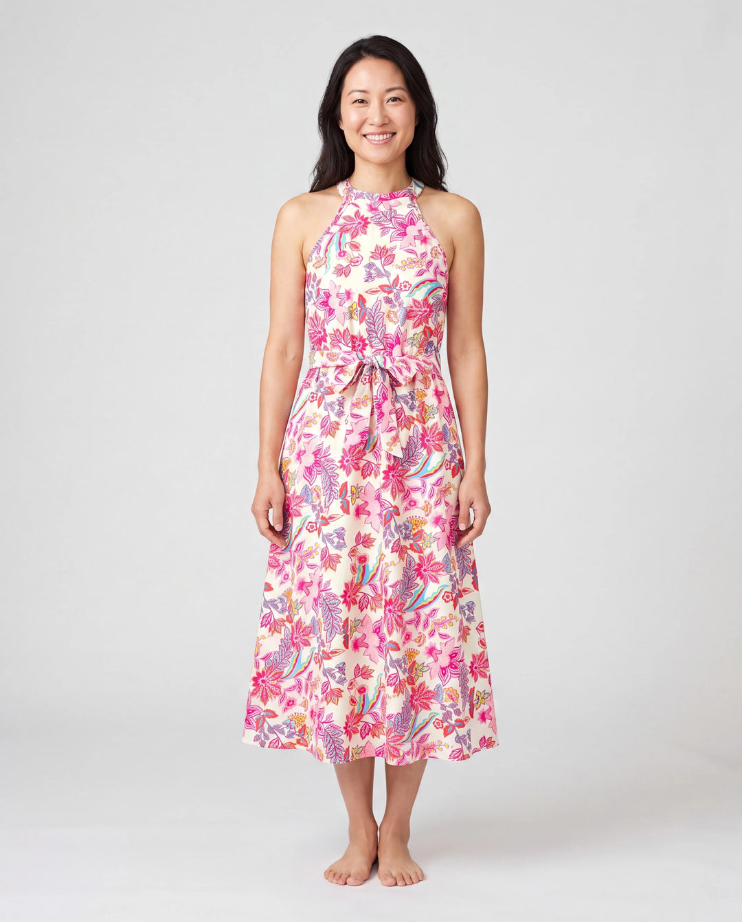 Mommy & me Outfits Set Tropical Flora Print Short-sleeve Collar Shirt or Halter Belted Dress for Summer Vacation Beige
