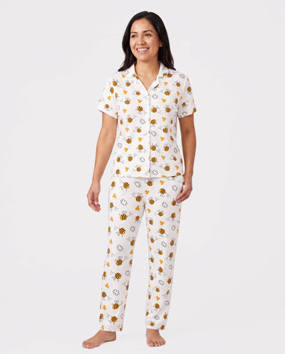 Family Matching Bamboo Pajamas Soft Bamboo Viscose PJs for Men Women Kids Toddler, Cute Bee Print Sleepwear with Short Sleeve Top and Long Pants White