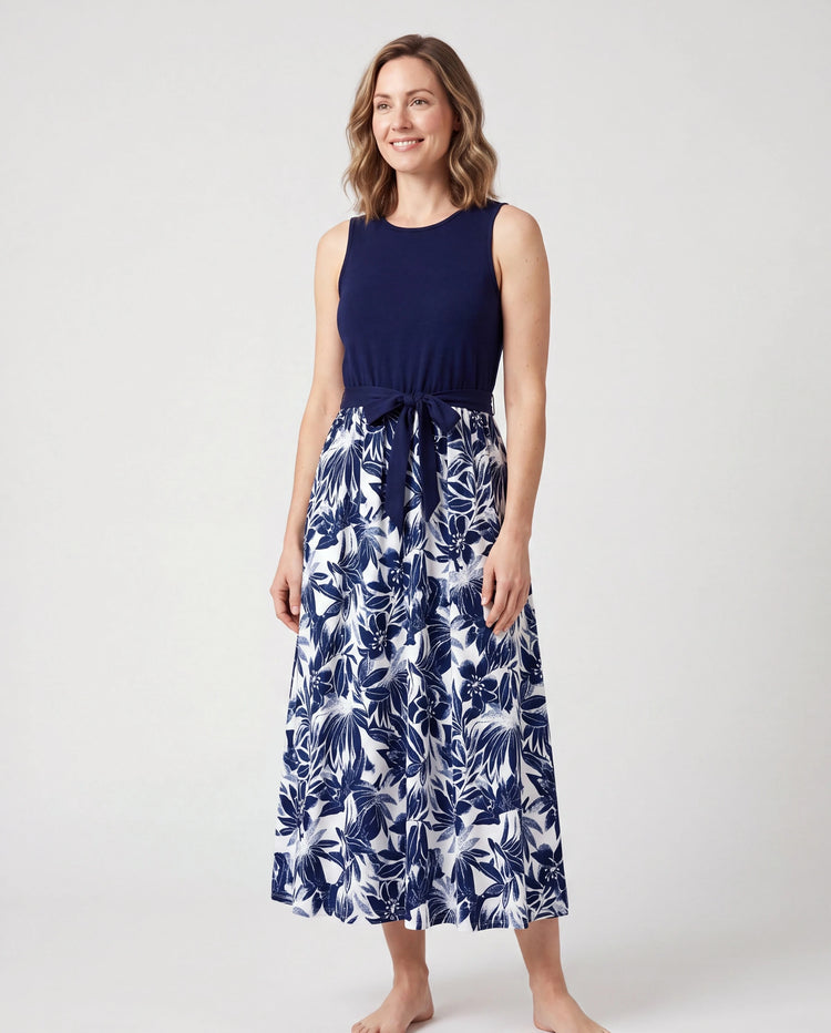 Conjunto familiar a juego para mamá y yo: camiseta de algodón con estampado floral o vestido tipo tank azul profundo